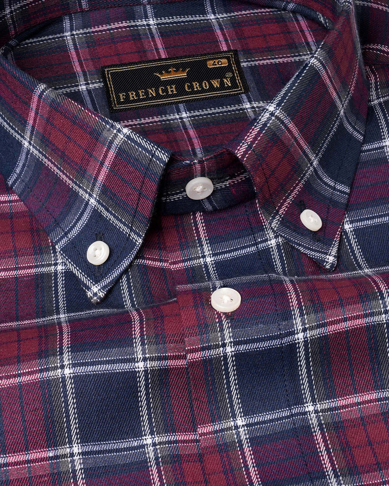 Gunmetal Blue and Claret Red Twill Plaid Premium Cotton Shirt