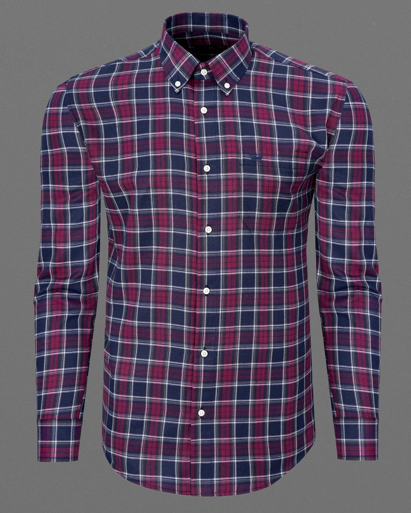 Gunmetal Blue and Claret Red Twill Plaid Premium Cotton Shirt