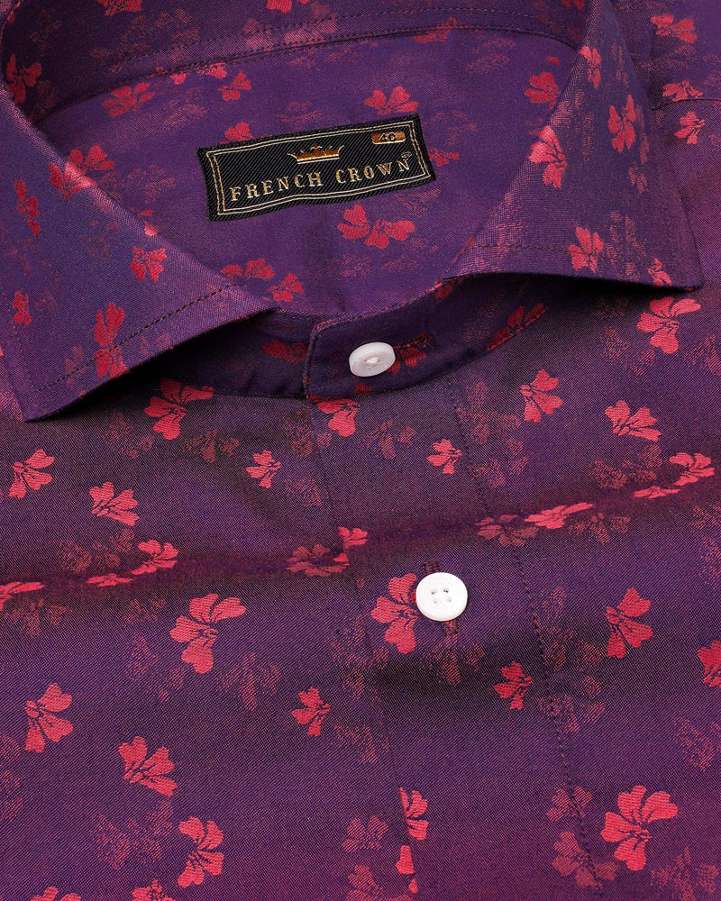 Eggplant Violet Floral Jacquard Textured Premium Giza Cotton Shirt