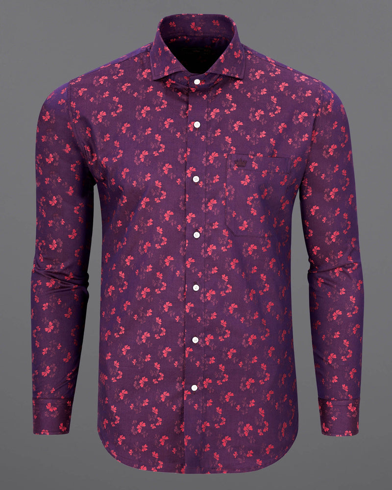 Eggplant Violet Floral Jacquard Textured Premium Giza Cotton Shirt