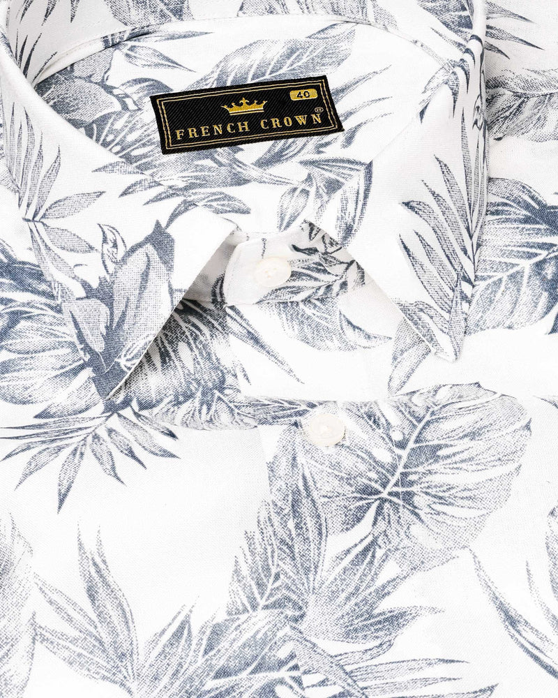 Bright White With Mountain Gray Leaves Printed Premium Tencel Beach Shirt