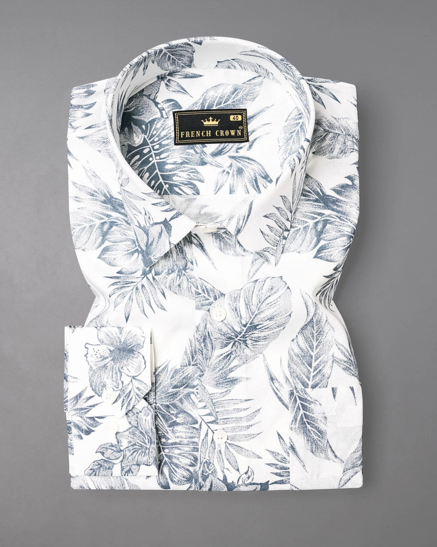 Bright White With Mountain Gray Leaves Printed Premium Tencel Beach Shirt
