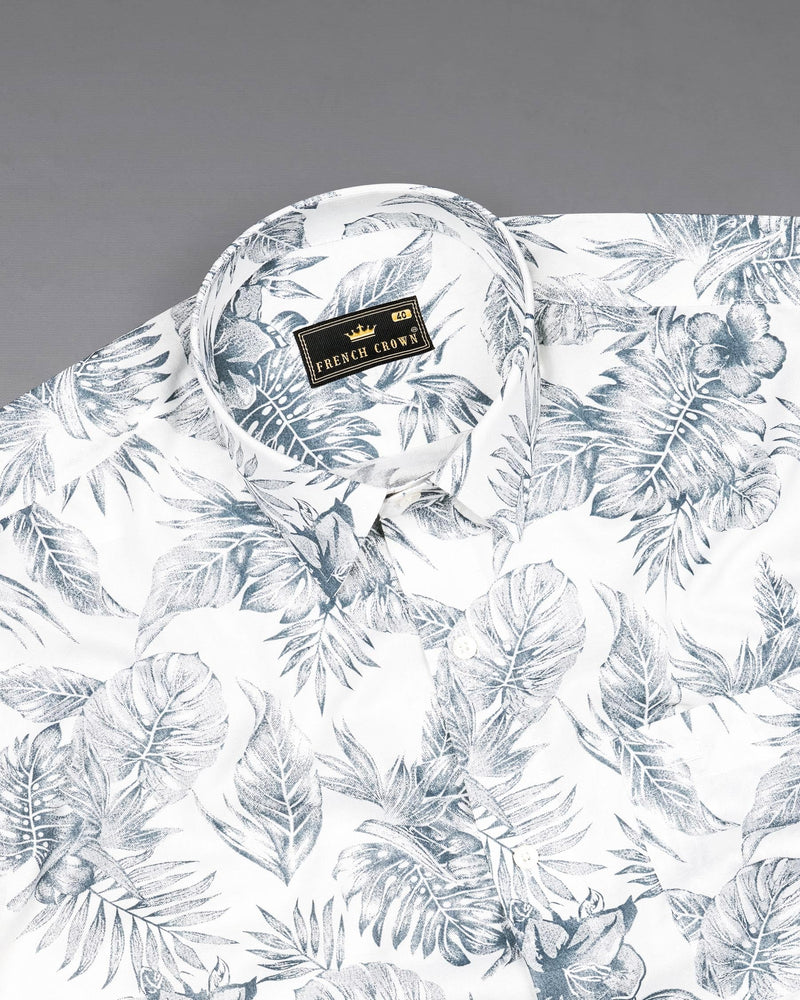 Bright White With Mountain Gray Leaves Printed Premium Tencel Beach Shirt