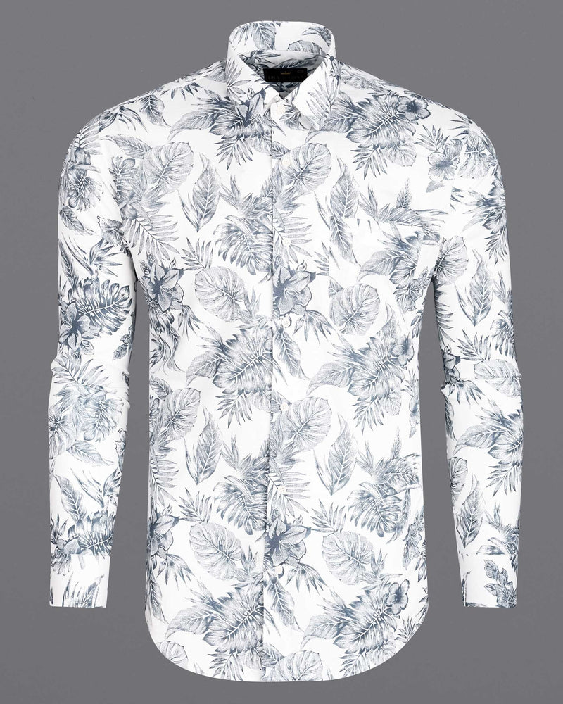 Bright White With Mountain Gray Leaves Printed Premium Tencel Beach Shirt