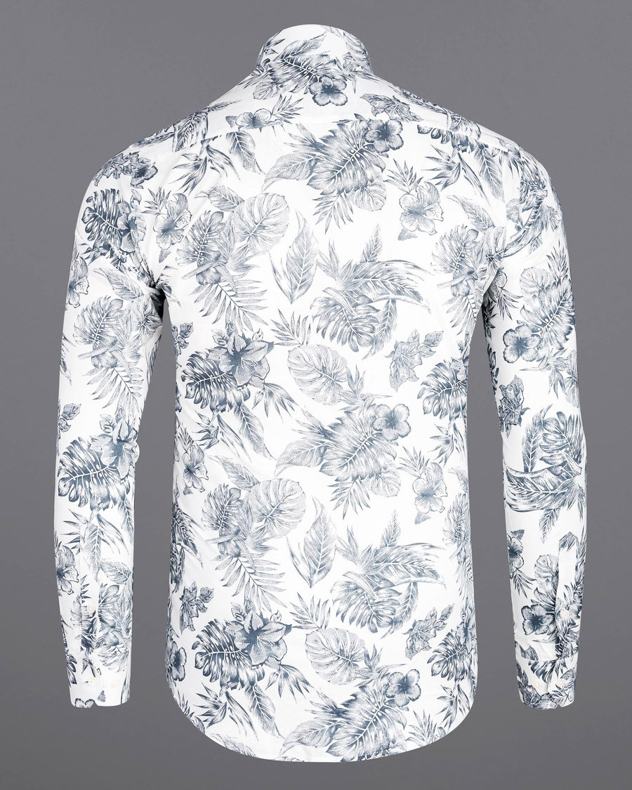 Bright White With Mountain Gray Leaves Printed Premium Tencel Beach Shirt