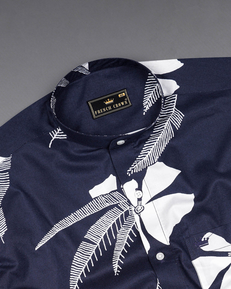Martinique Blue with White Color Leaves Printed Premium Cotton Shirt