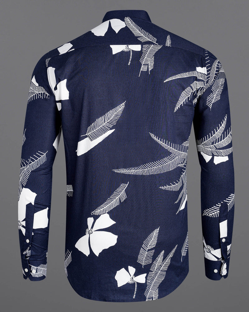 Martinique Blue with White Color Leaves Printed Premium Cotton Shirt