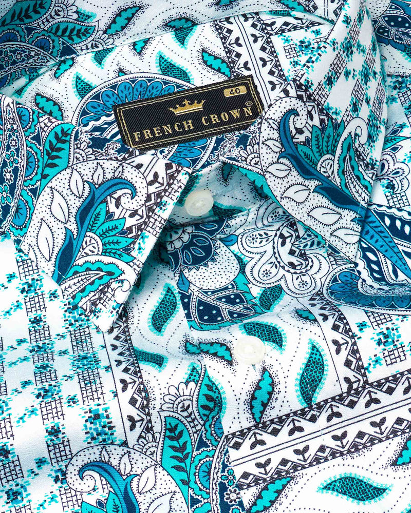 Cerulean Blue with Dark Turquoise Bohemian Paisley Printed Super Soft Premium Cotton Shirt