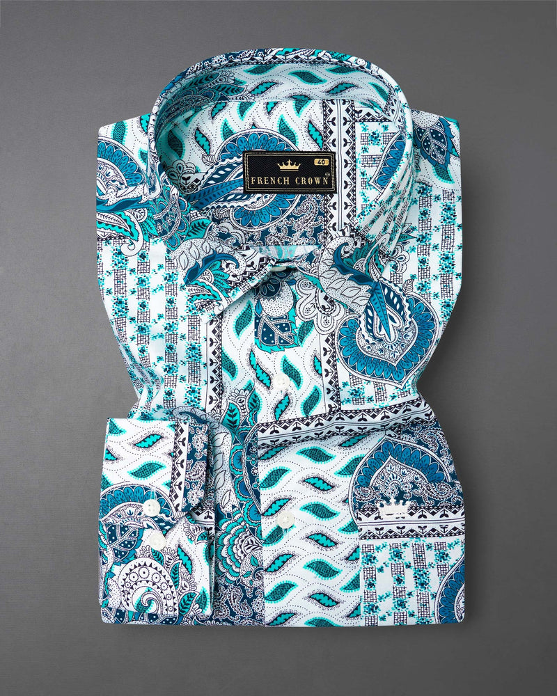 Cerulean Blue with Dark Turquoise Bohemian Paisley Printed Super Soft Premium Cotton Shirt