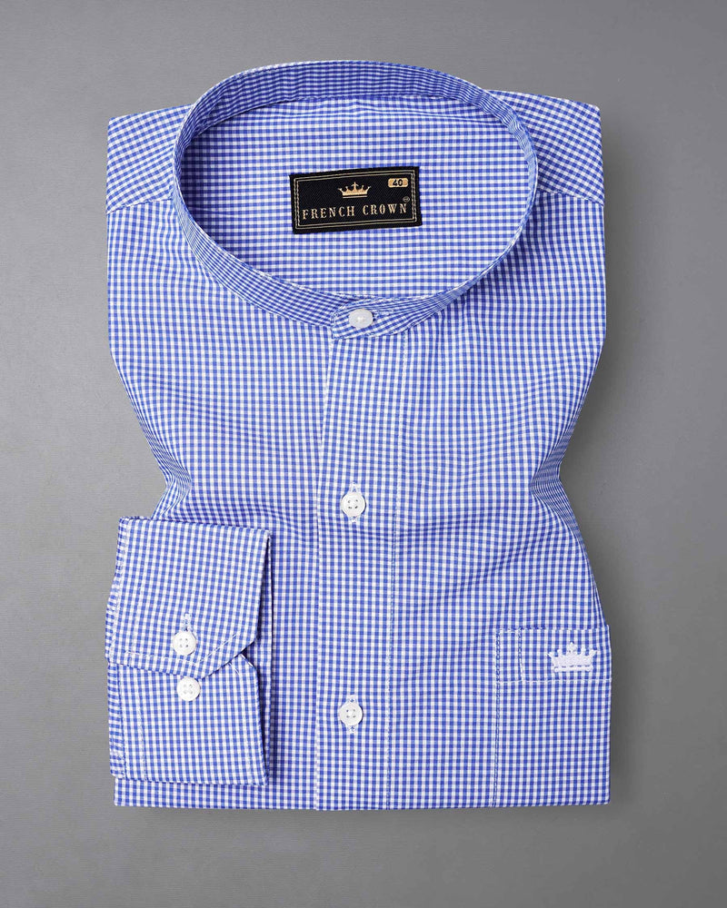 Indigo Blue With White Gingham Checkered Premium Cotton Shirt