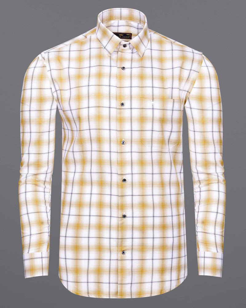Desert Brown and White Twill Windowpane Premium Cotton Shirt