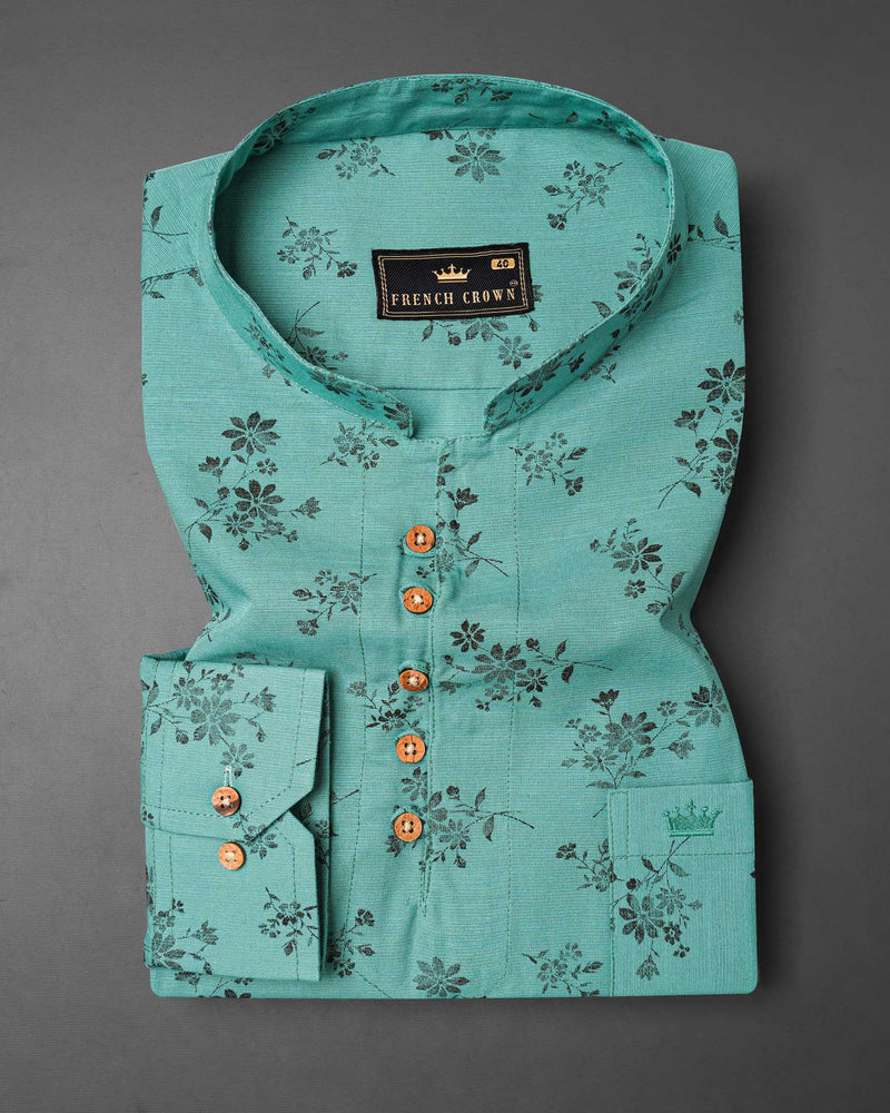 Breaker Bay Green With Black Floral Textured Luxurious Linen Kurta Shirt