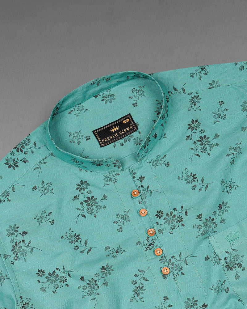 Breaker Bay Green With Black Floral Textured Luxurious Linen Kurta Shirt