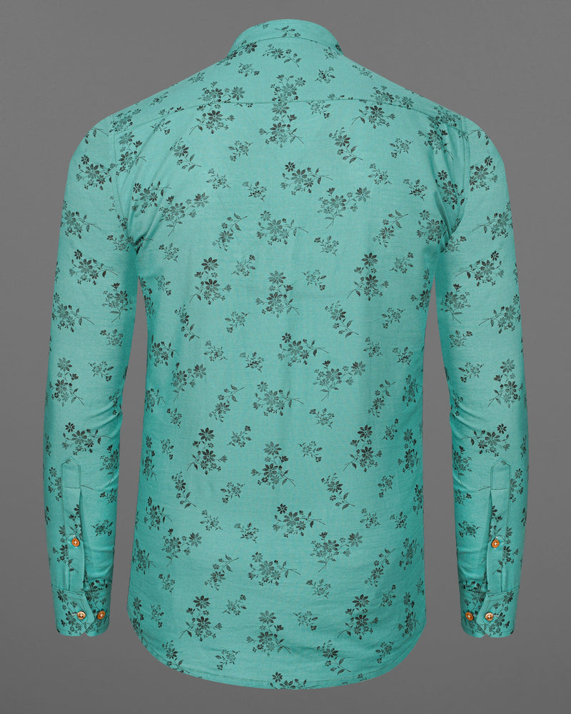 Breaker Bay Green With Black Floral Textured Luxurious Linen Kurta Shirt