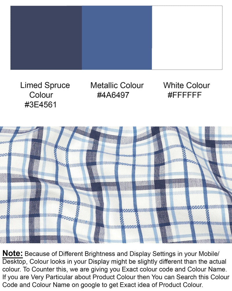 Limed Spruce Navy Blue and Metallic Blue and white Twill Plaid Premium Cotton Shirt