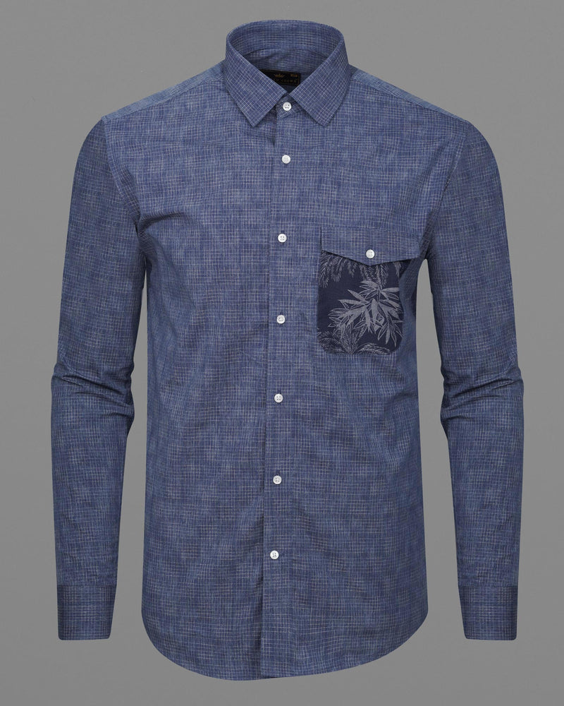 Denim Blue and Gunmetal Blue Checkered and Leaves Textured Chambray Designer Shirt