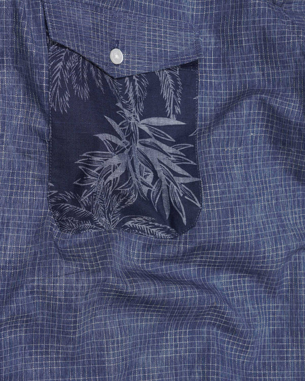 Denim Blue and Gunmetal Blue Checkered and Leaves Textured Chambray Designer Shirt