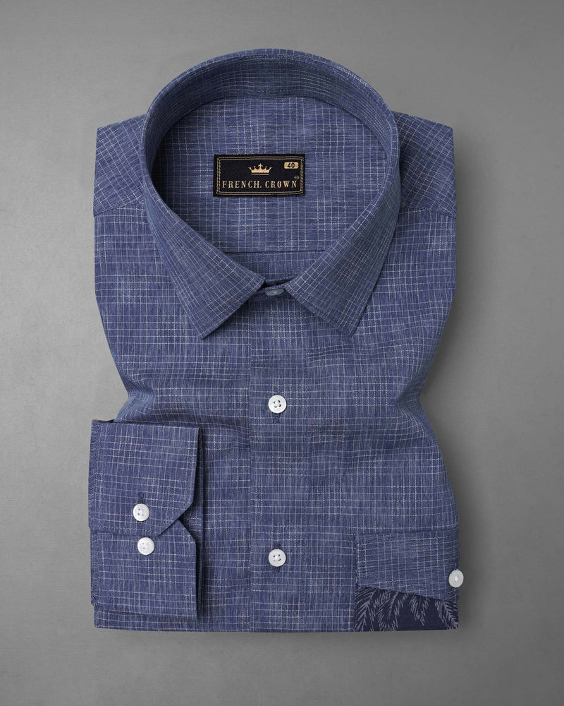 Denim Blue and Gunmetal Blue Checkered and Leaves Textured Chambray Designer Shirt