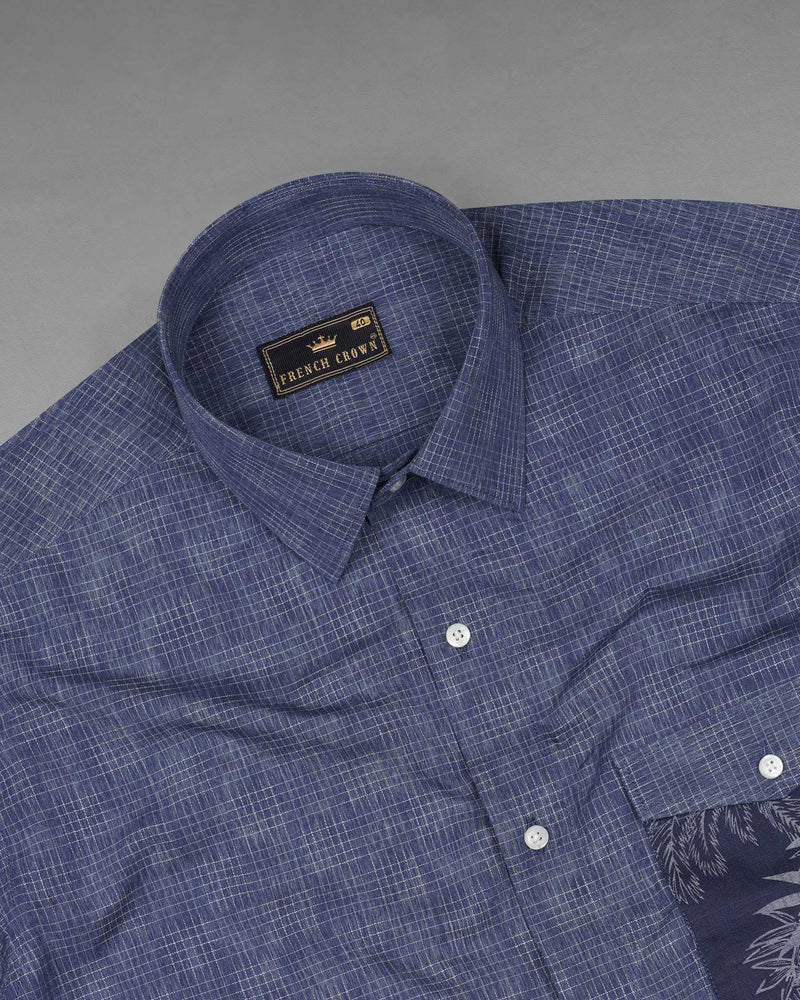 Denim Blue and Gunmetal Blue Checkered and Leaves Textured Chambray Designer Shirt