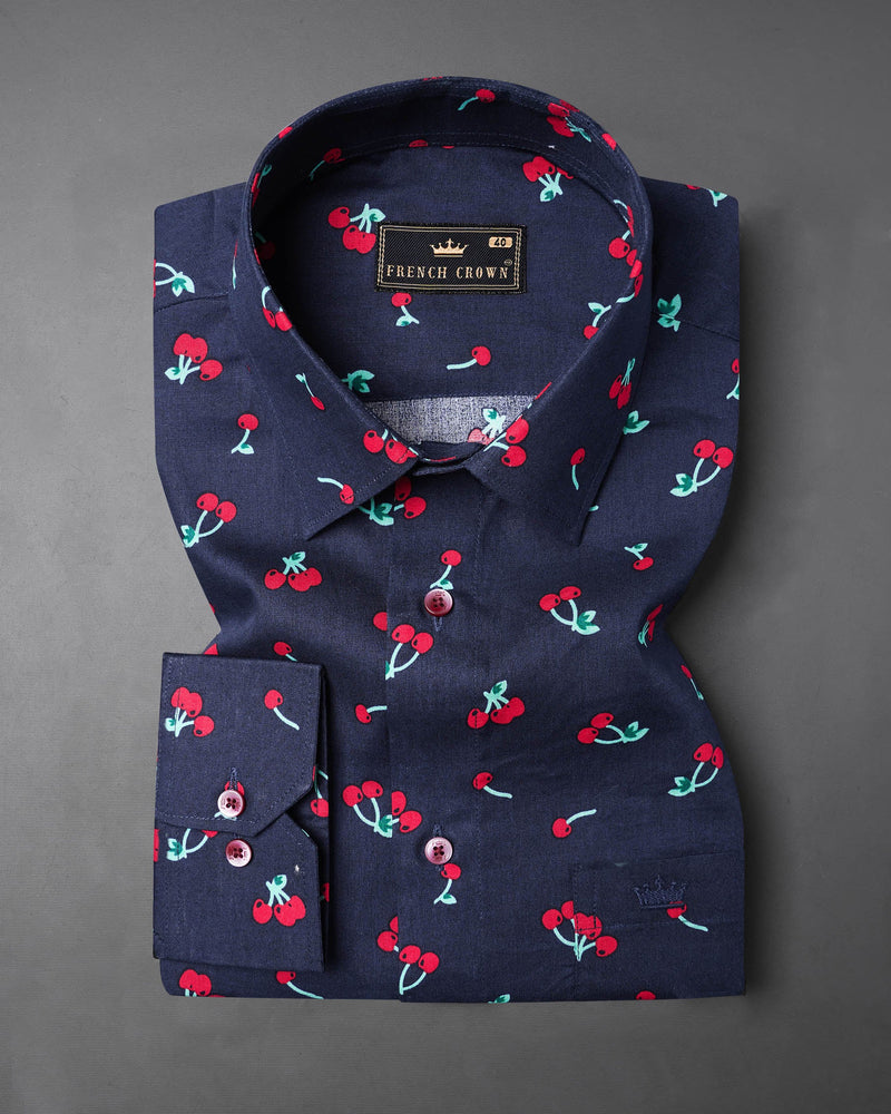 Licorice Blue Cherries Printed Premium Cotton Shirt