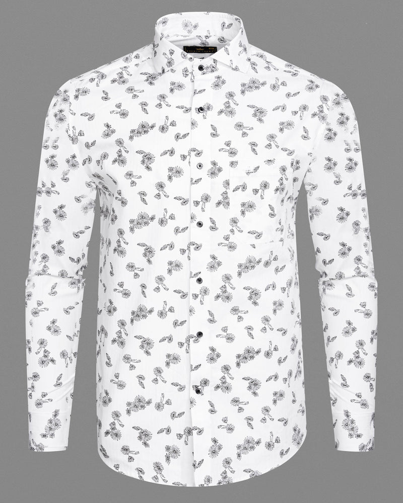 Bright White with Black Floral Dobby Textured Premium Giza Cotton Shirt