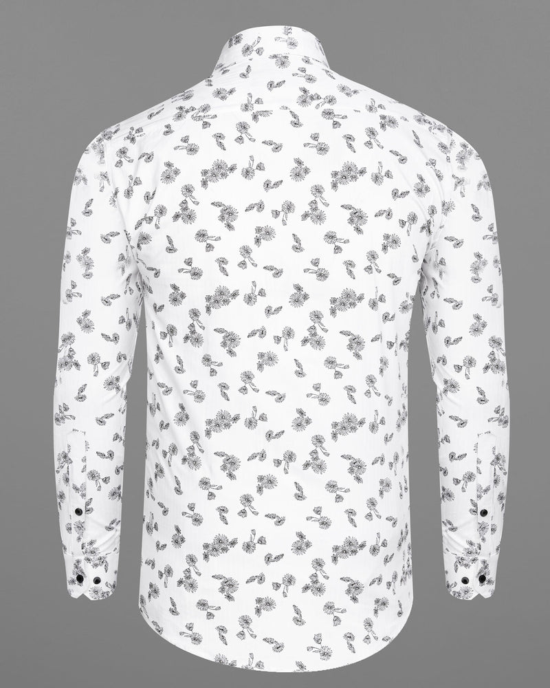 Bright White with Black Floral Dobby Textured Premium Giza Cotton Shirt