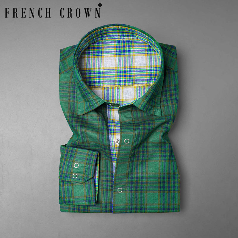 Cactus Green Plaid and Solitude White Plaid Herringbone Reversible Shirt