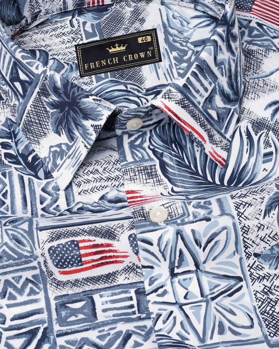 Bunting Navy Blue and Spindle Blue Tropical Printed with American Flag Premium Cotton Shirt