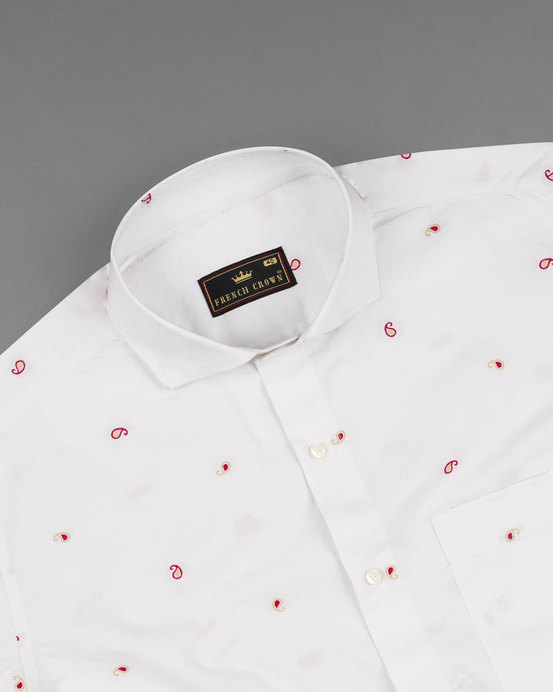 Bright White Paisley Jacquard Textured Premium Giza Cotton Shirt