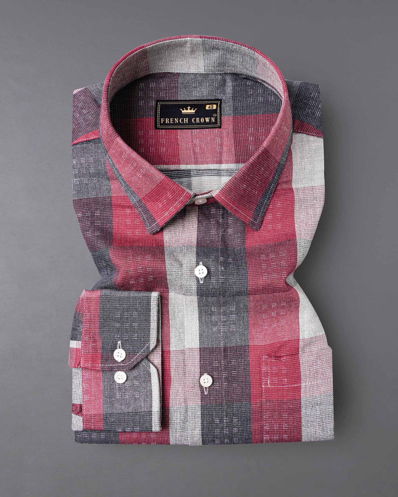 Copper Rust Red and Gainsboro Gray Plaid Dobby Textured Premium Giza Cotton Shirt