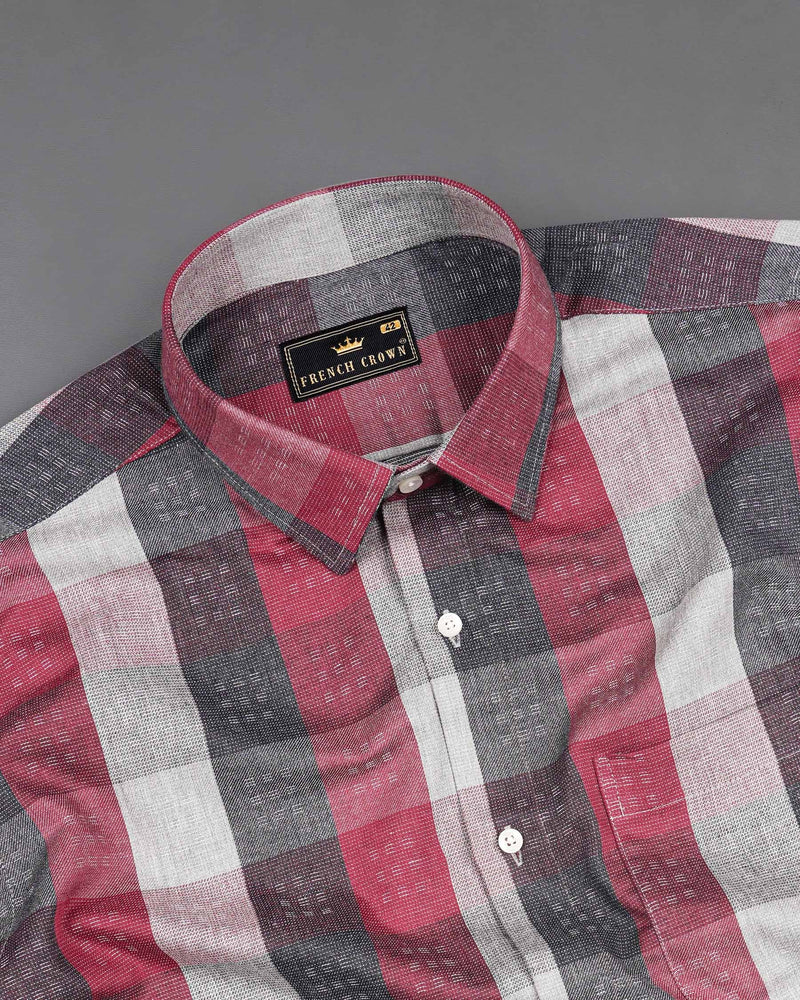 Copper Rust Red and Gainsboro Gray Plaid Dobby Textured Premium Giza Cotton Shirt