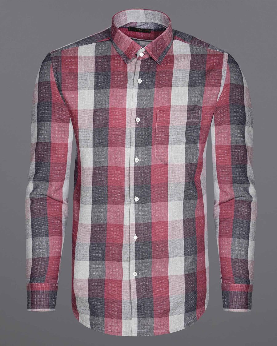 Copper Rust Red and Gainsboro Gray Plaid Dobby Textured Premium Giza Cotton Shirt