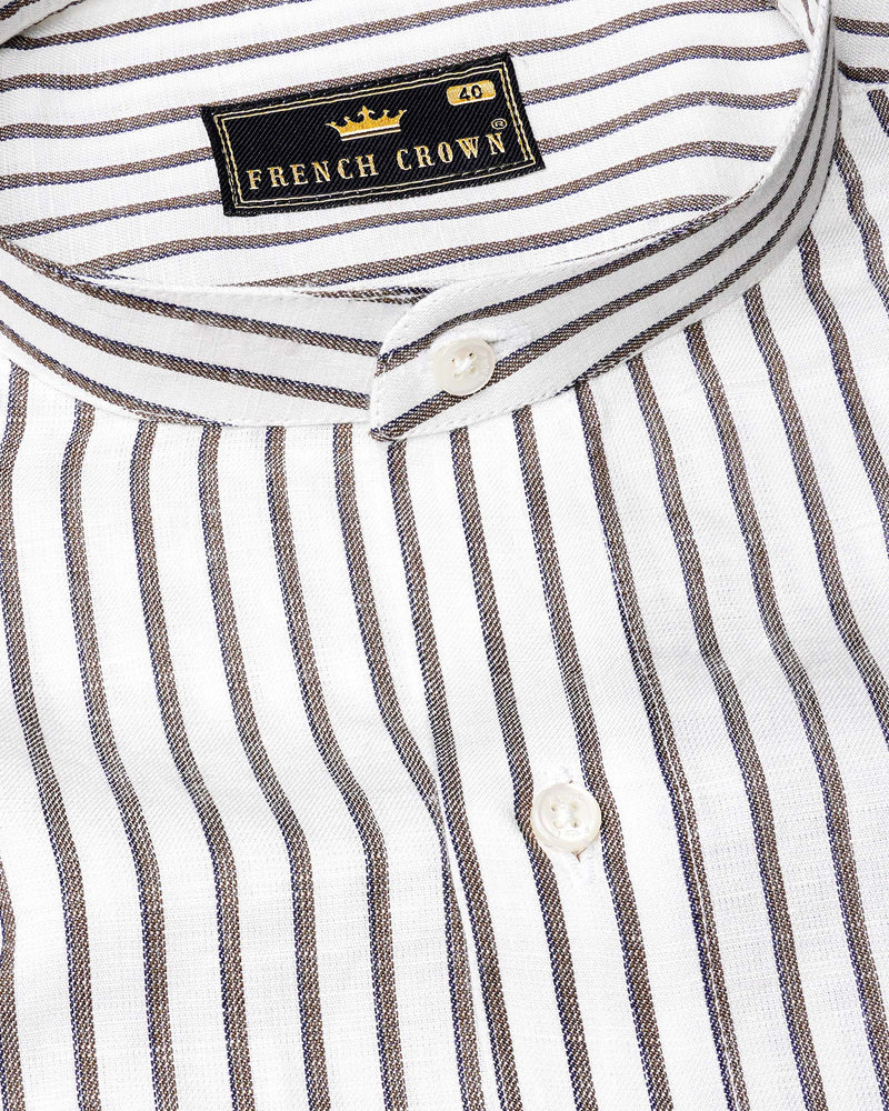 Bright White and Taupe Brown Striped Premium Tencel Shirt
