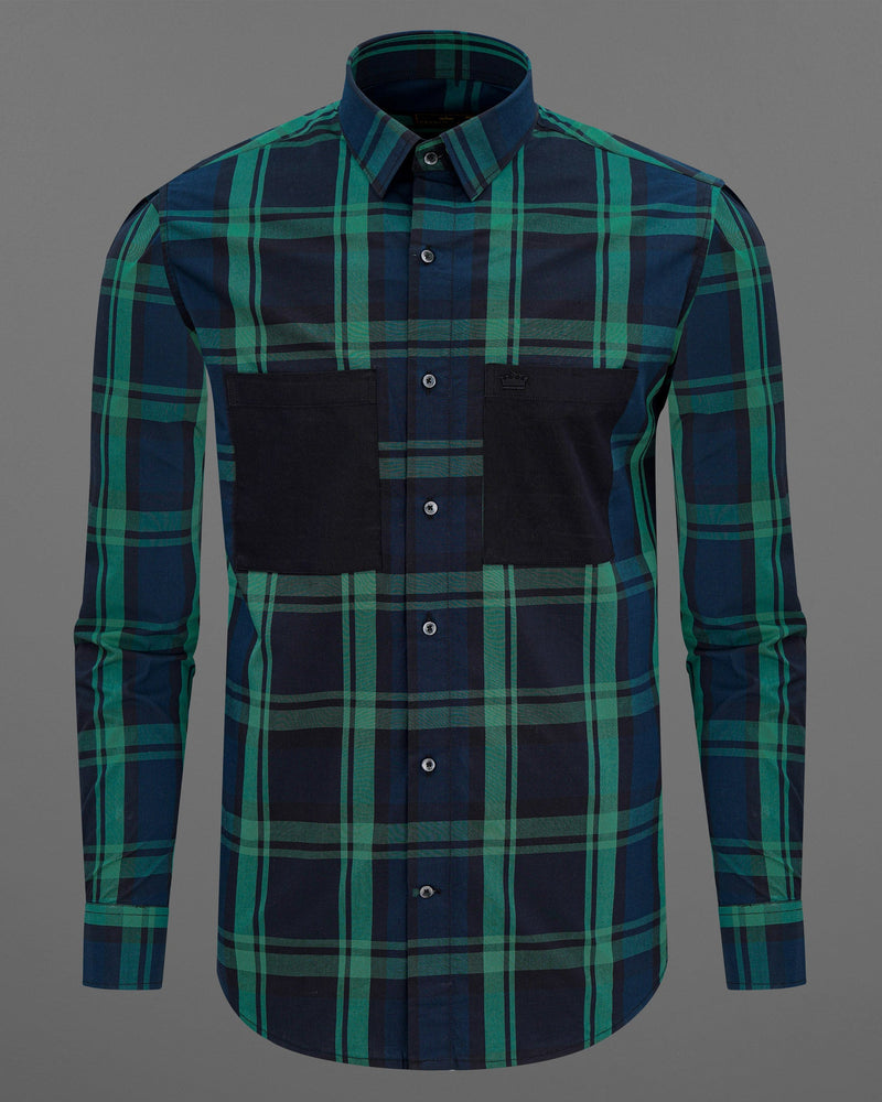 Gunmetal Blue with Viridian Green Plaid Premium Cotton Designer Shirt