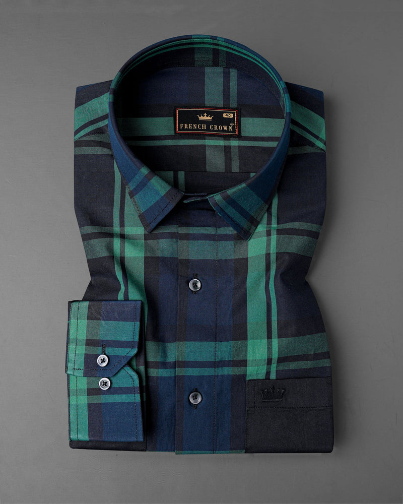 Gunmetal Blue with Viridian Green Plaid Premium Cotton Designer Shirt