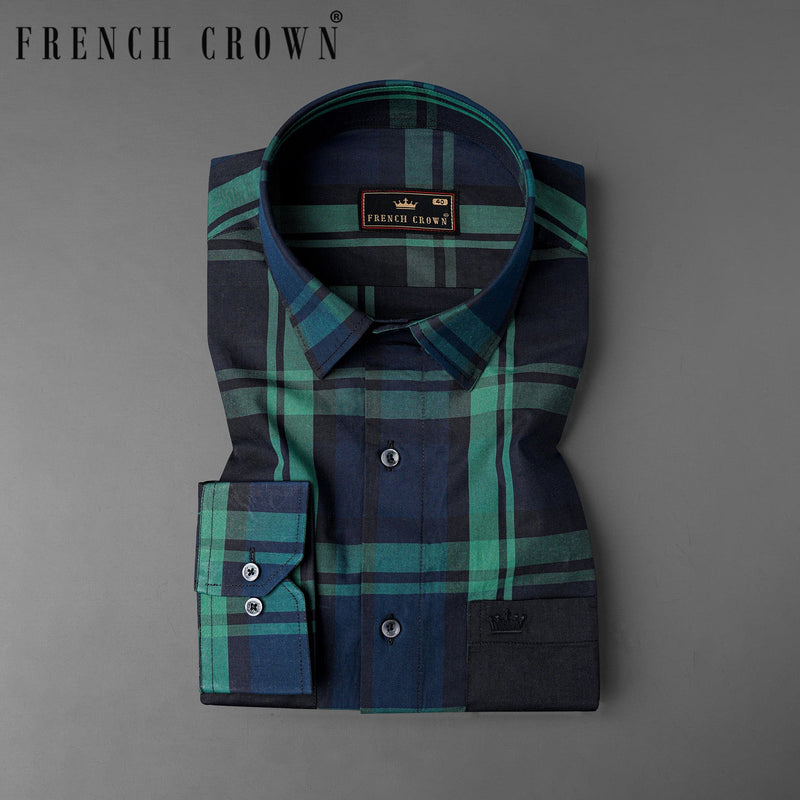 Gunmetal Blue with Viridian Green Plaid Premium Cotton Designer Shirt