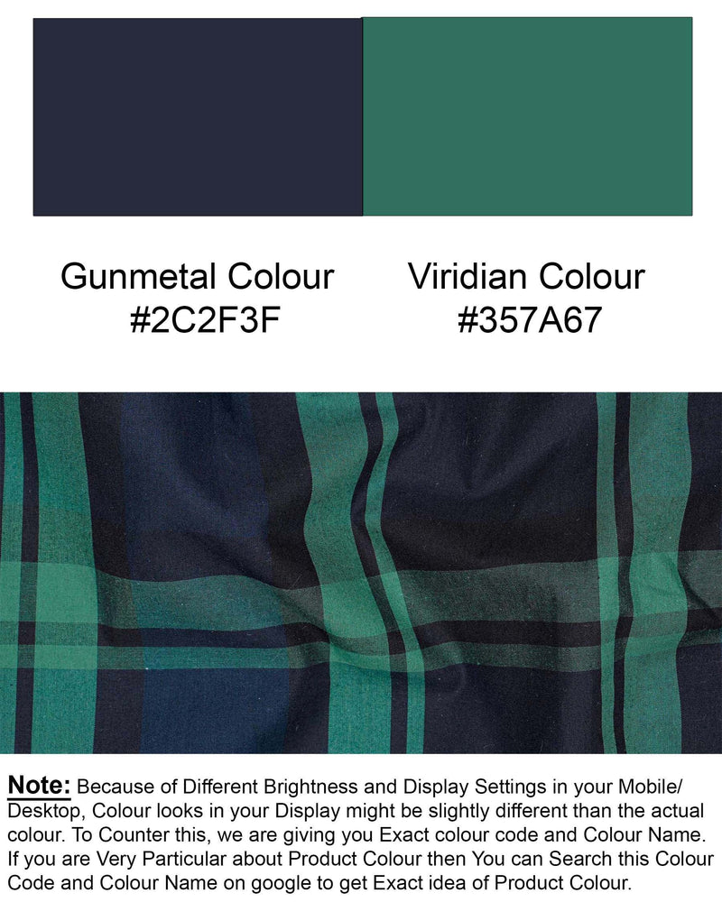 Gunmetal Blue with Viridian Green Plaid Premium Cotton Designer Shirt