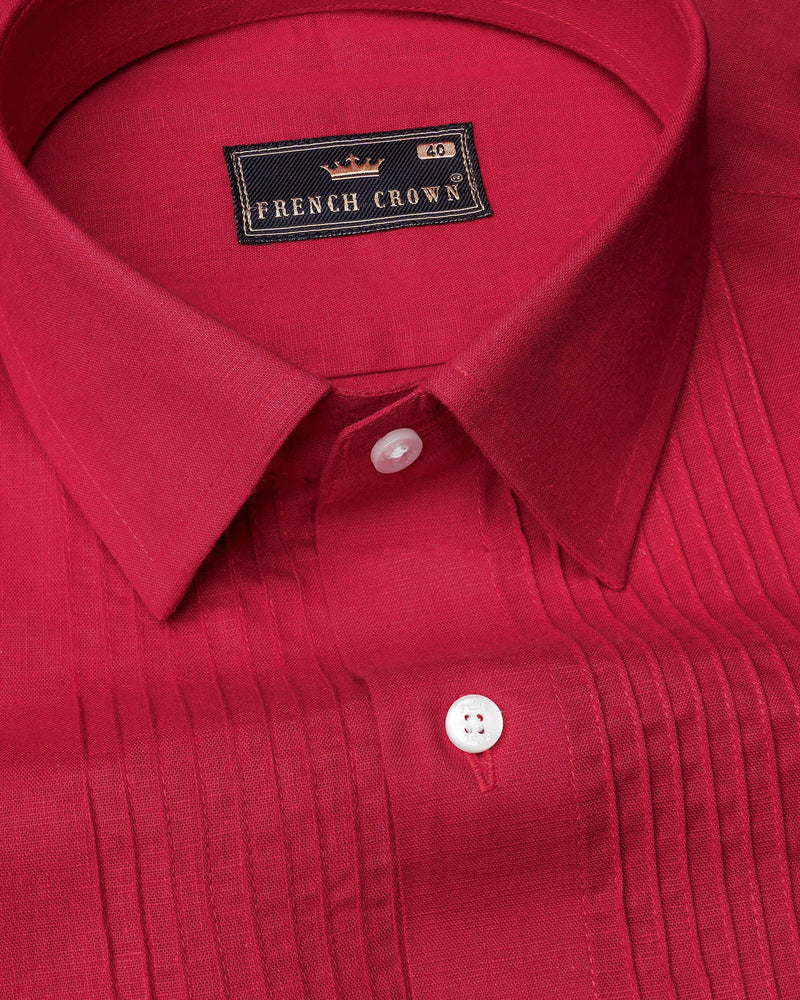 Cardinal Red Snake Pin Tucks Luxurious Linen Tuxedo Shirt