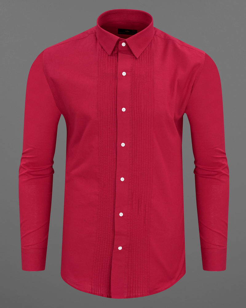 Cardinal Red Snake Pin Tucks Luxurious Linen Tuxedo Shirt