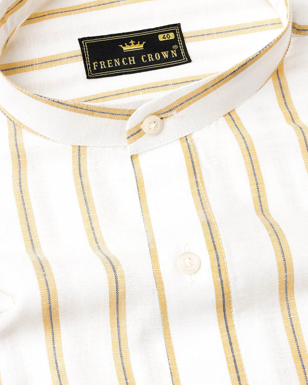 Off White Striped Luxurious Linen Mandarin Collar Shirt