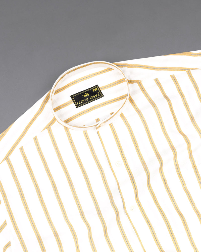 Off White Striped Luxurious Linen Mandarin Collar Shirt