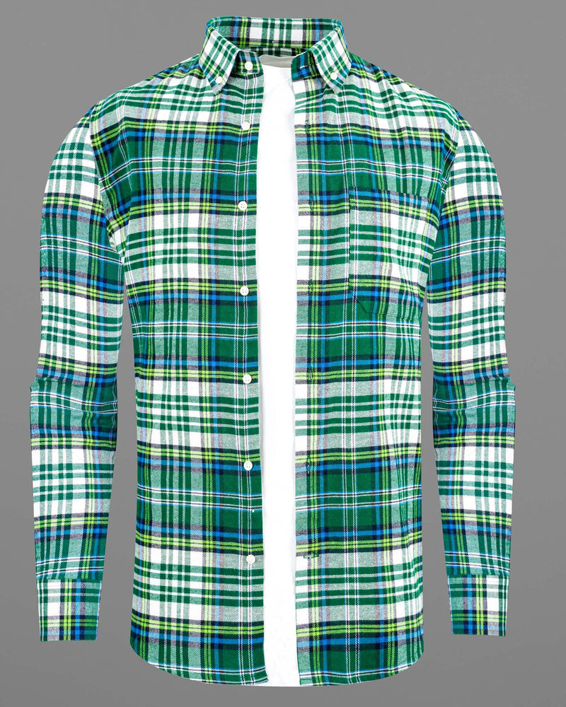 Dark Teal Green and White Plaid Flannel Overshirt