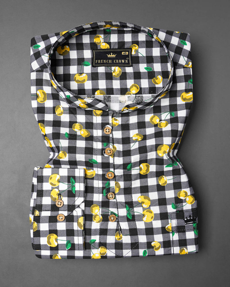 Jade Black and White Checked with yellow Cherries Printed Premium Cotton Shirt