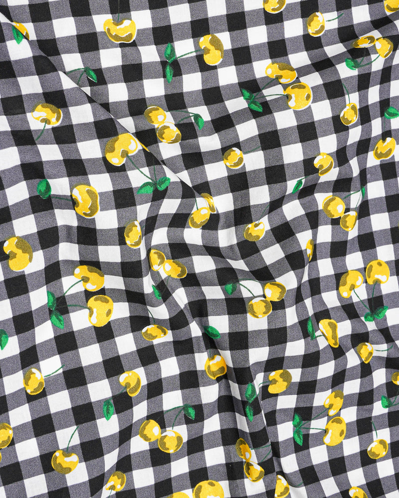 Jade Black and White Checked with yellow Cherries Printed Premium Cotton Shirt