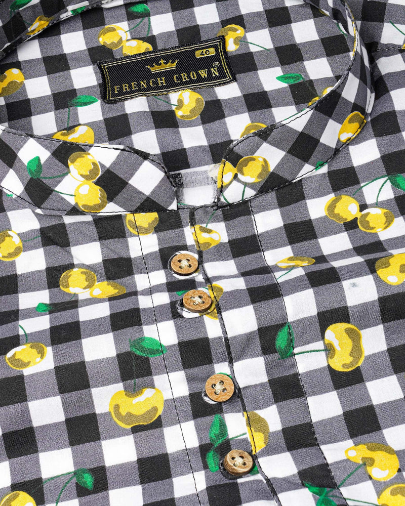 Jade Black and White Checked with yellow Cherries Printed Premium Cotton Shirt