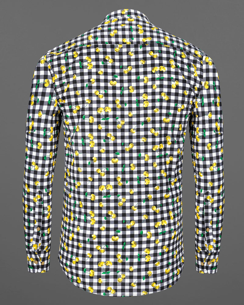 Jade Black and White Checked with yellow Cherries Printed Premium Cotton Shirt