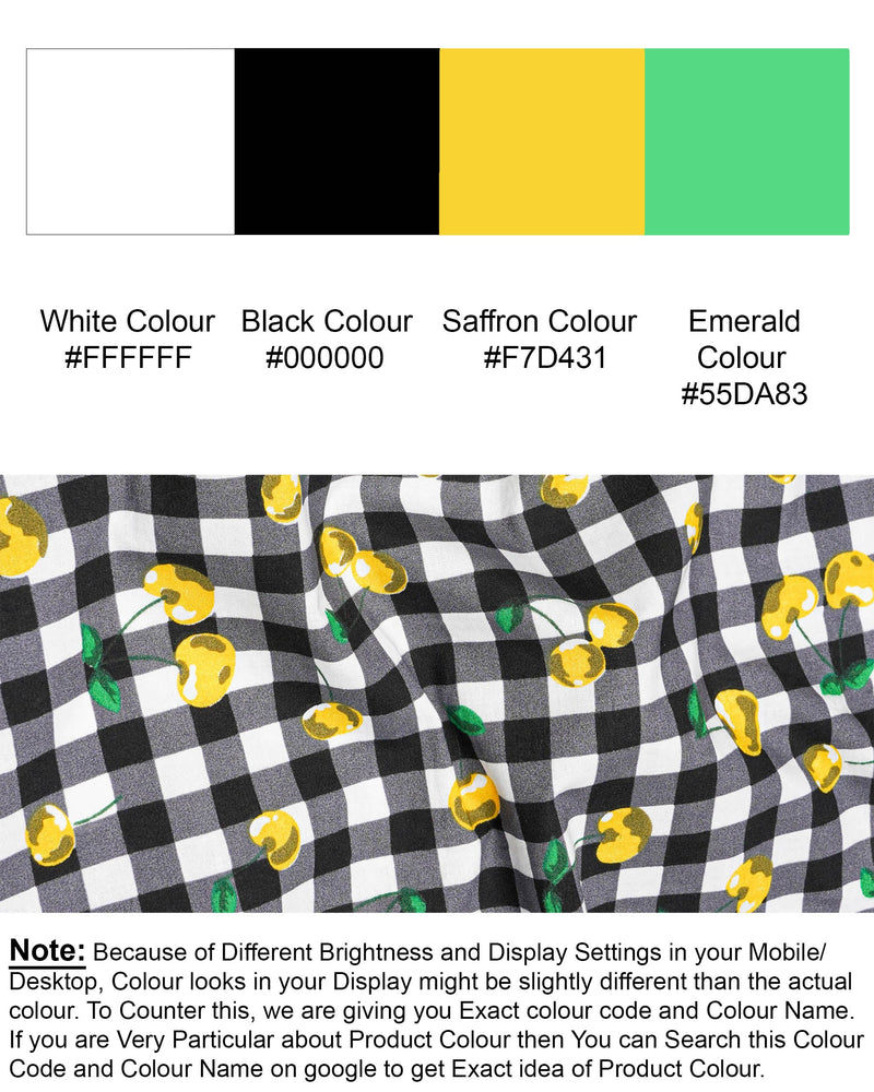 Jade Black and White Checked with yellow Cherries Printed Premium Cotton Shirt