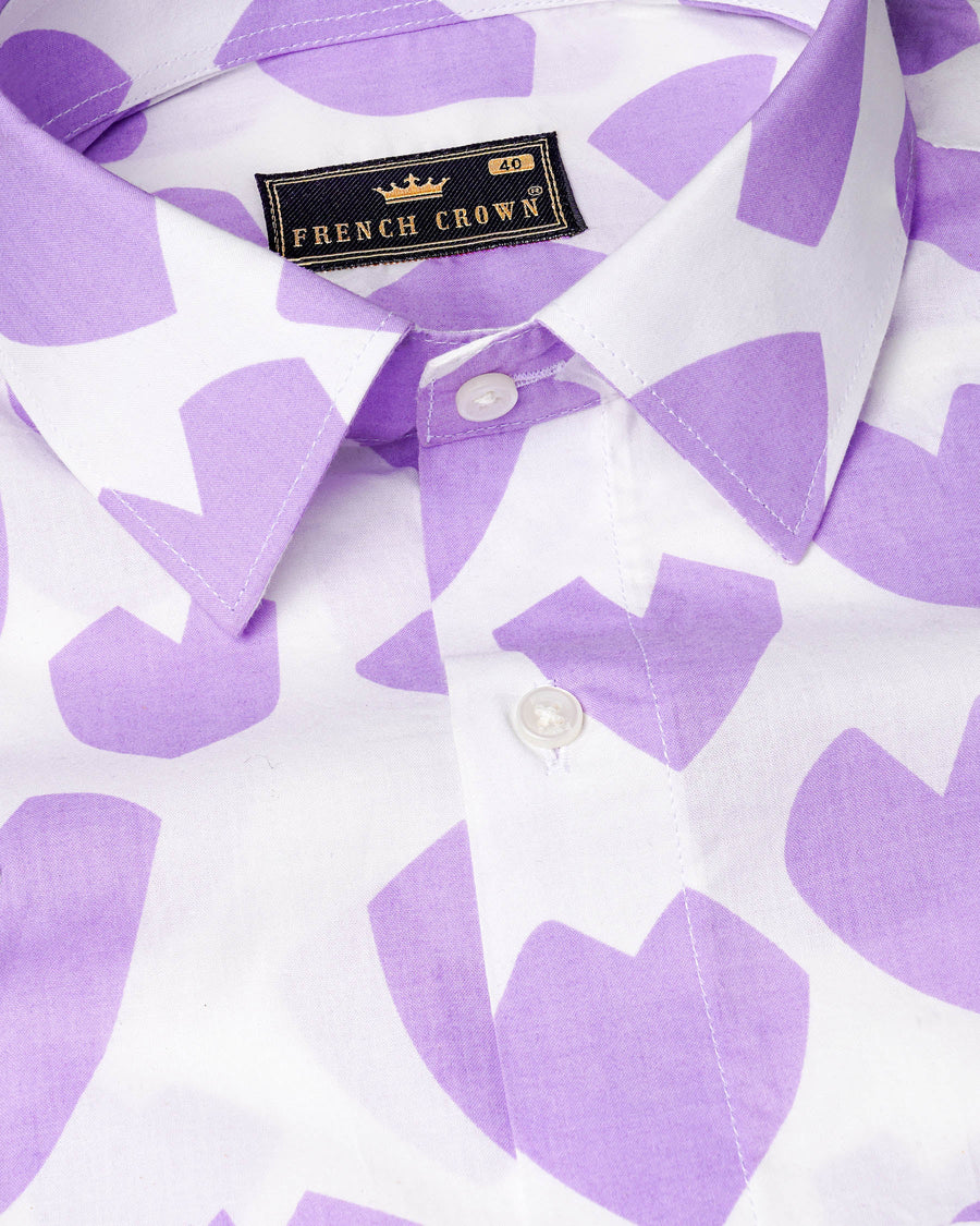 Bright White and Mauve Heart Printed Premium Cotton Shirt