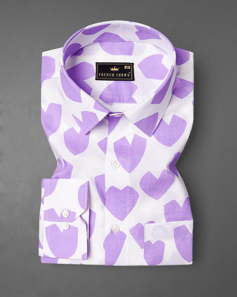 Bright White and Mauve Heart Printed Premium Cotton Shirt