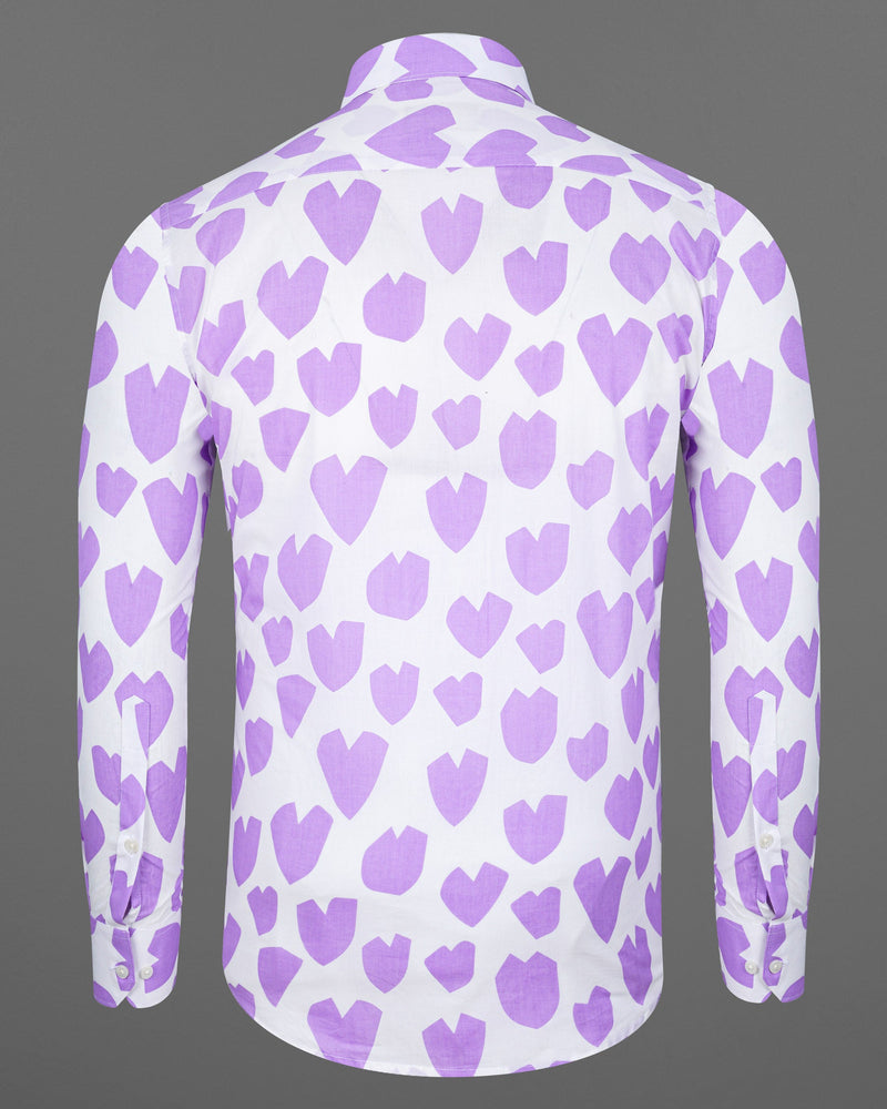 Bright White and Mauve Heart Printed Premium Cotton Shirt